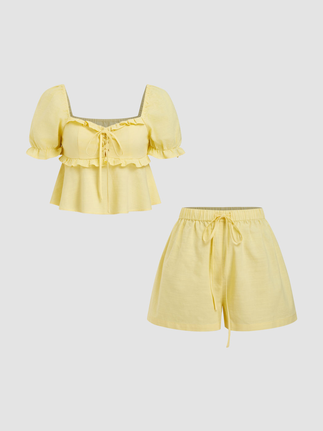 Linen-Mischung Sweetheart Knoten Blattspitzen Rüschen Hemd & Mittelhohe Bundhosen Lounge-Set