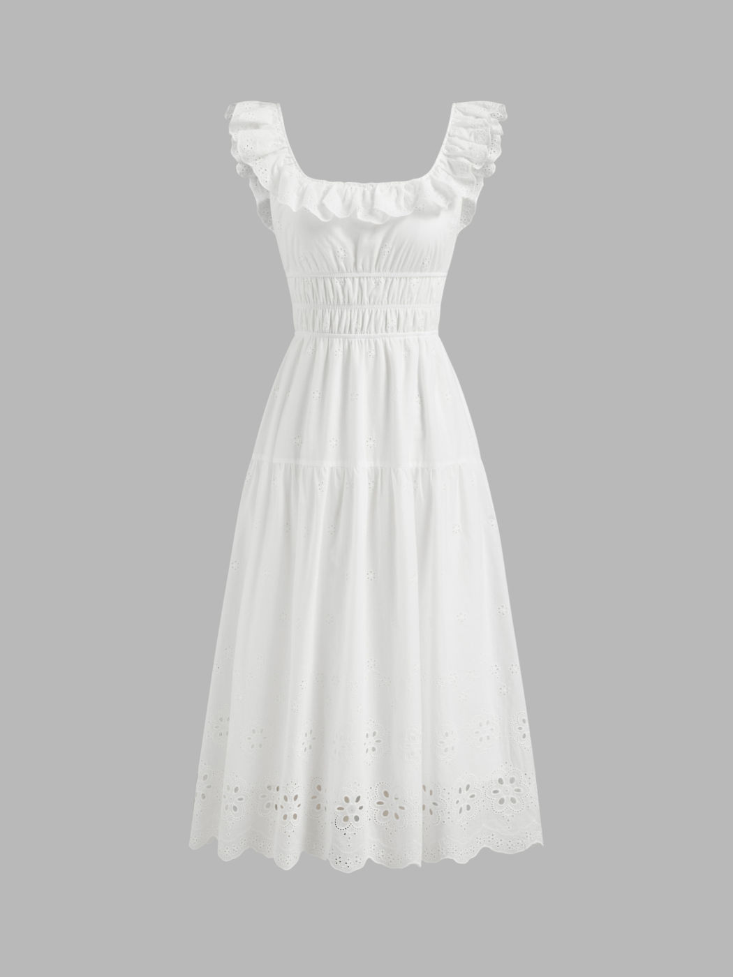 Cotton Square Neck Broderie Anglaise Shirred Midi Dress