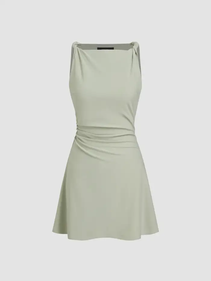 Woven Linen-blend Boat Neck Ruched Cut Out Sleeve Mini Dress For Daily Casual