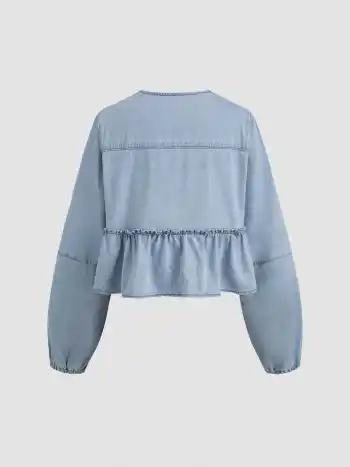Denim-Jacke mit runder Halsöffnung und Knopfverschluss vorne und Spitzenbund