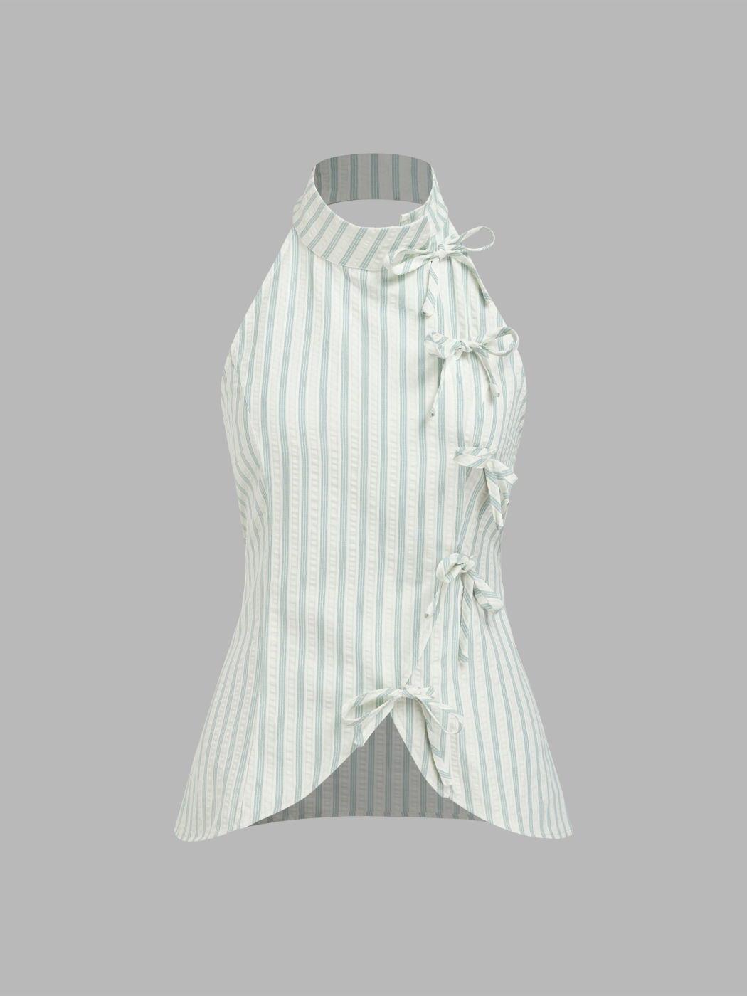 Cotton-blend Stand Collar Stripe Bowknot Tank Top