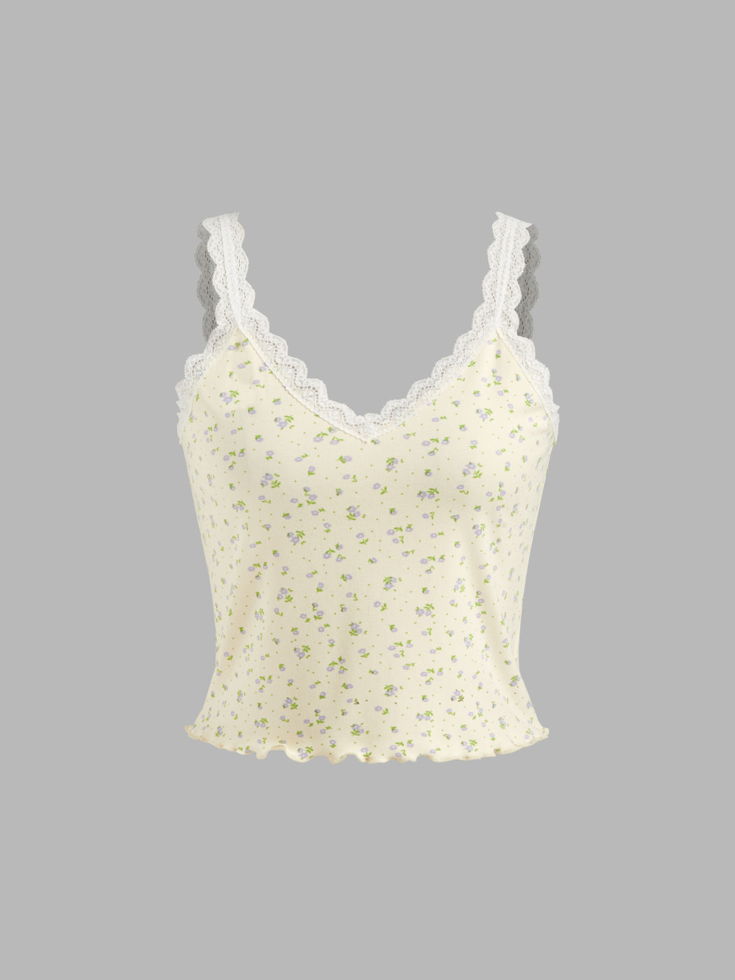 V-neck Ditsy Floral Lace Trim Cami Top & Mid Rise Lettuce Trim Shorts Loungewear Set