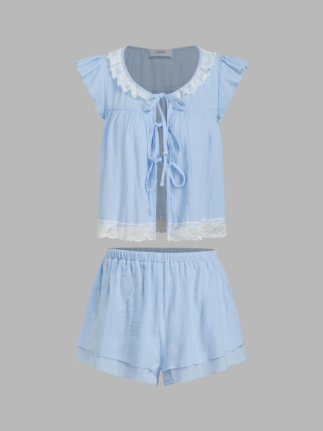 Linen-blend Round Neckline Lace Trim Knotted Top & Mid Rise Layered Shorts Loungewear Set