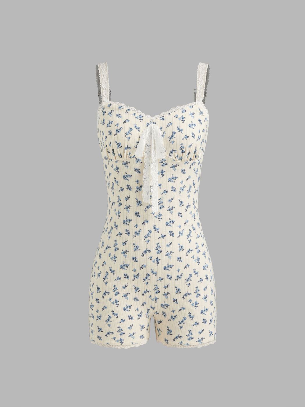 V-neck Floral Lace Trim Bowknot Lounge Micro Romper