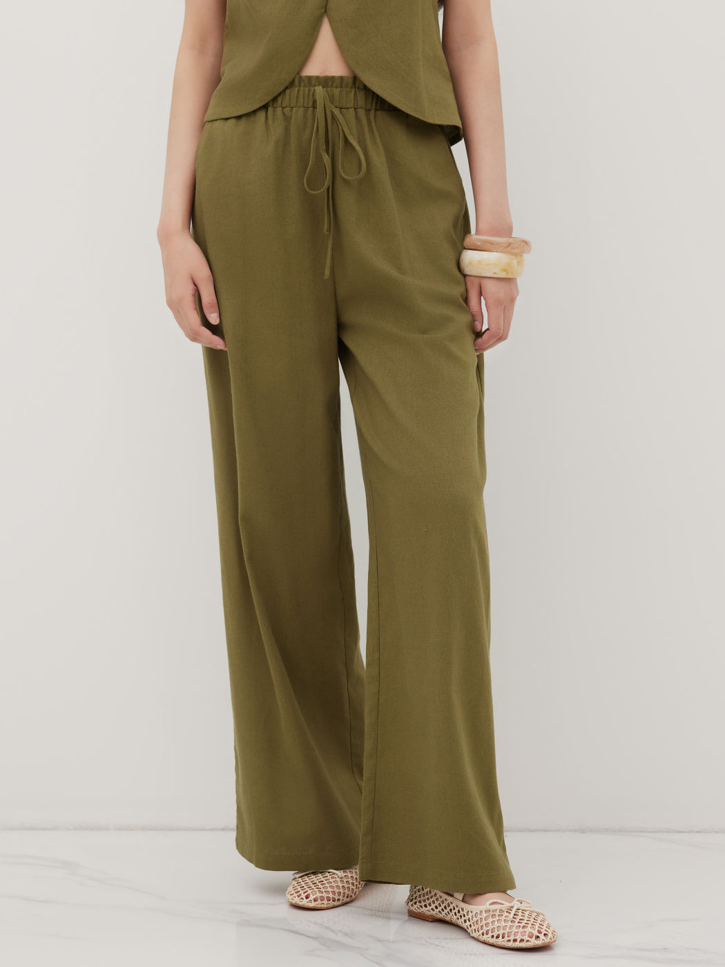 Linen-blend Mid Rise Elastic Waist Wide Leg Trousers