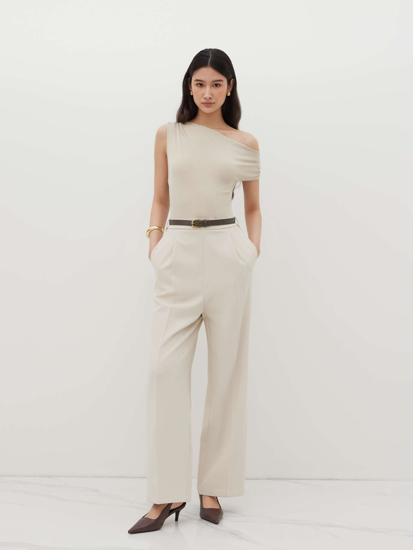 Asymmetrical Neck Ruched Jumpsuit With Belt