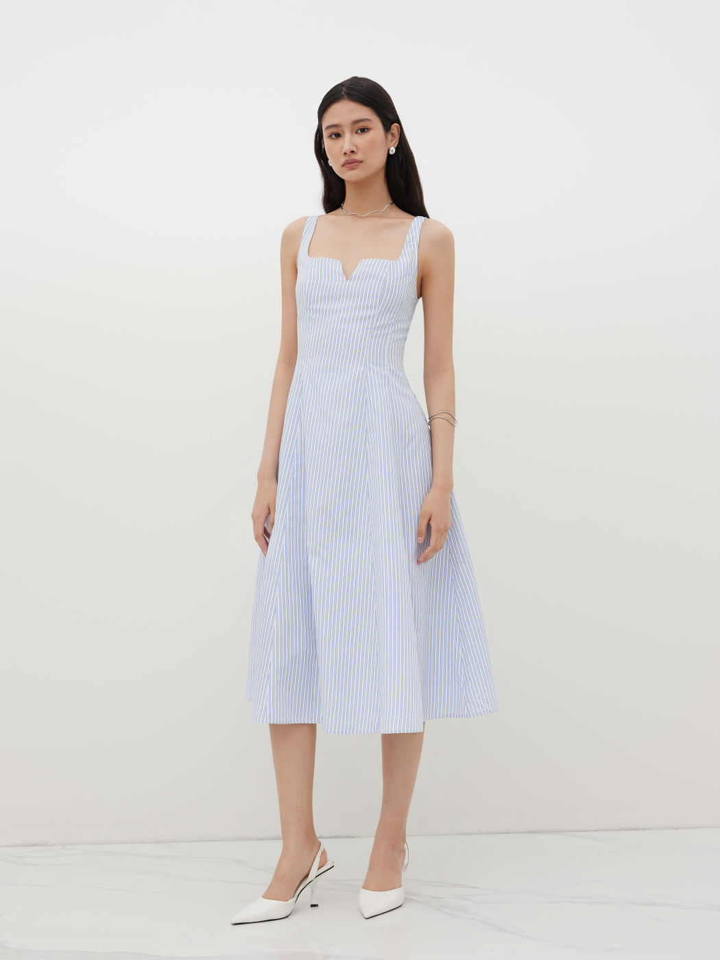 Square Neck Stripe Ruffle Hem Midi Dress