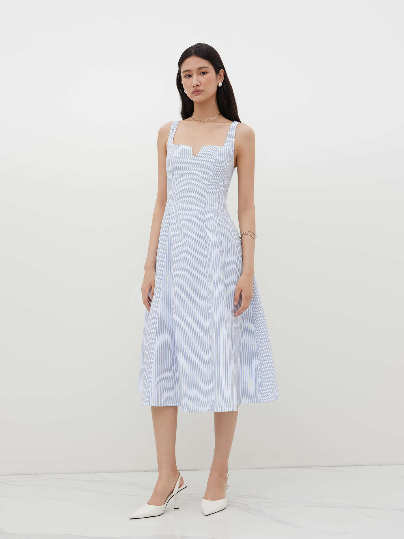 Square Neck Stripe Ruffle Hem Midi Dress