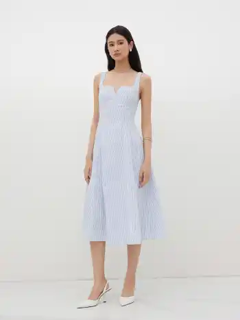 Midi-Kleid mit quadratischem Halsrand, Streifen und Spitzenbund