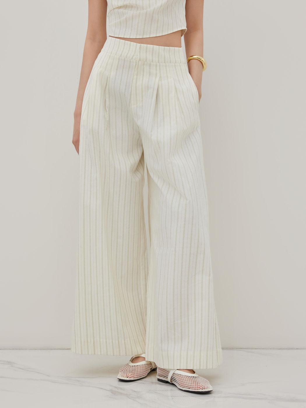 Cotton-blend Mid Rise Stripe Wide Leg Trousers 