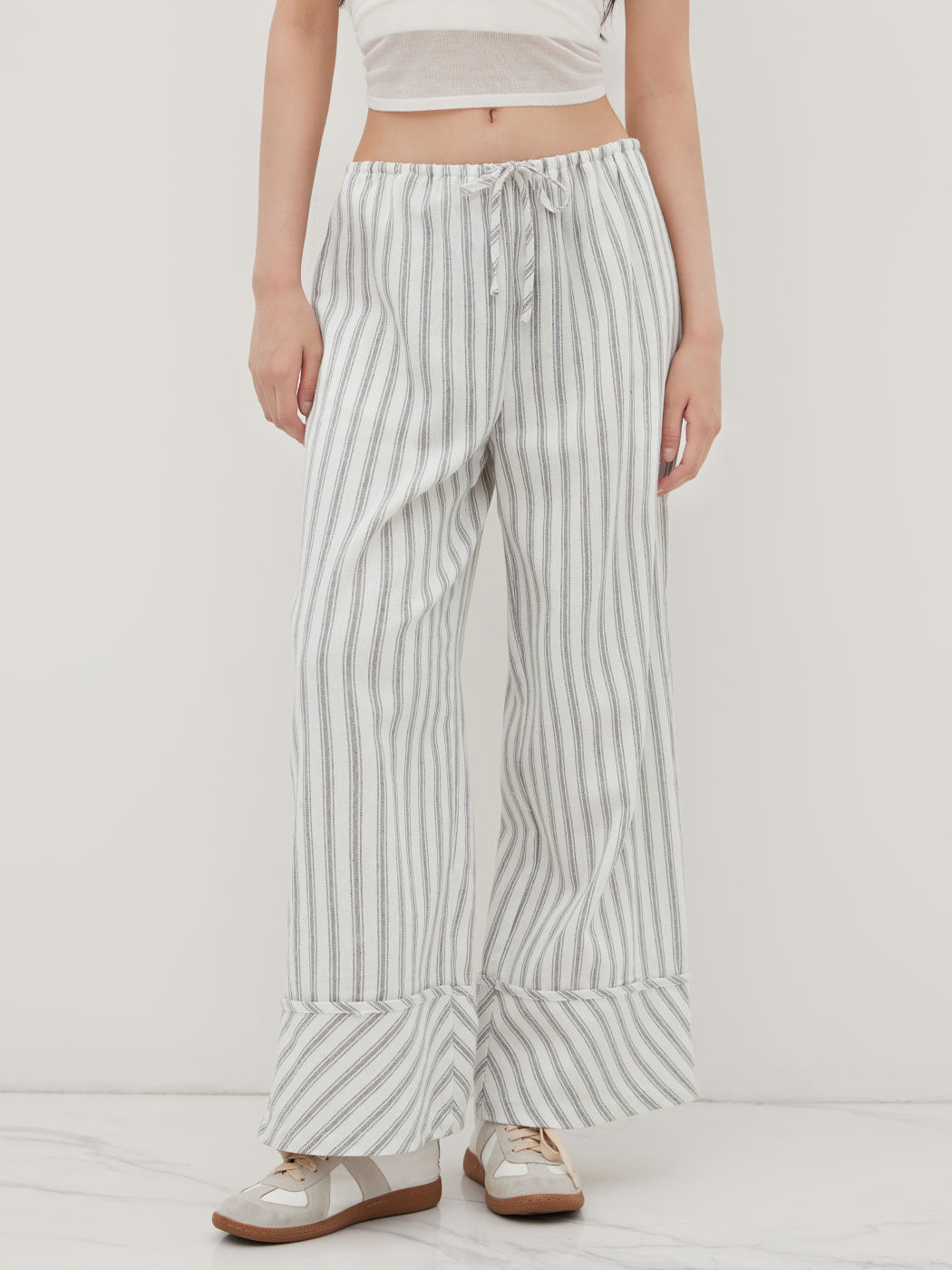 Linen-blend Mid Rise Stripe Wide Roll Hem Leg Trousers