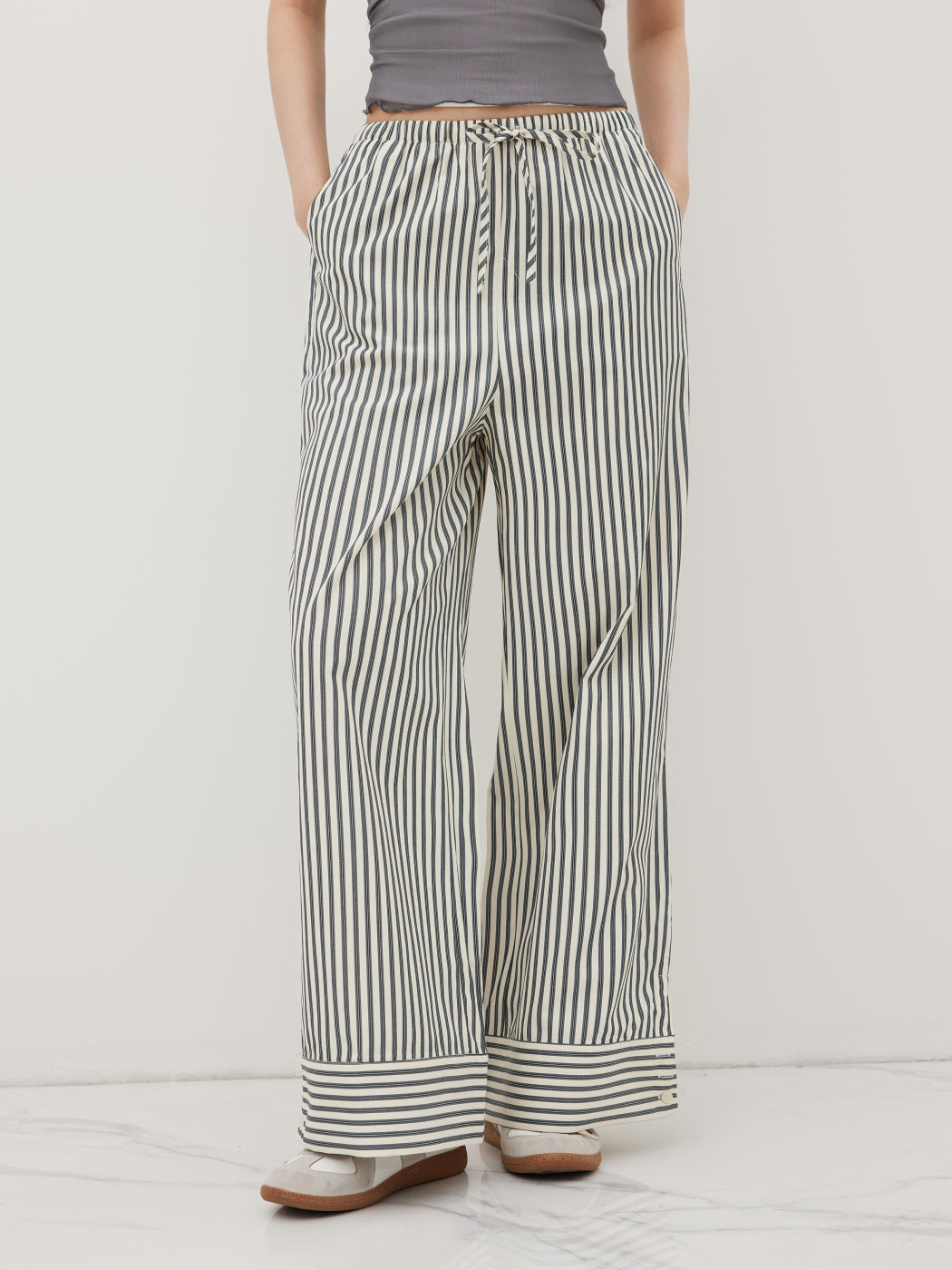 Cotton-blend Mid Rise Stripe Elastic Waist Straight Leg Trousers