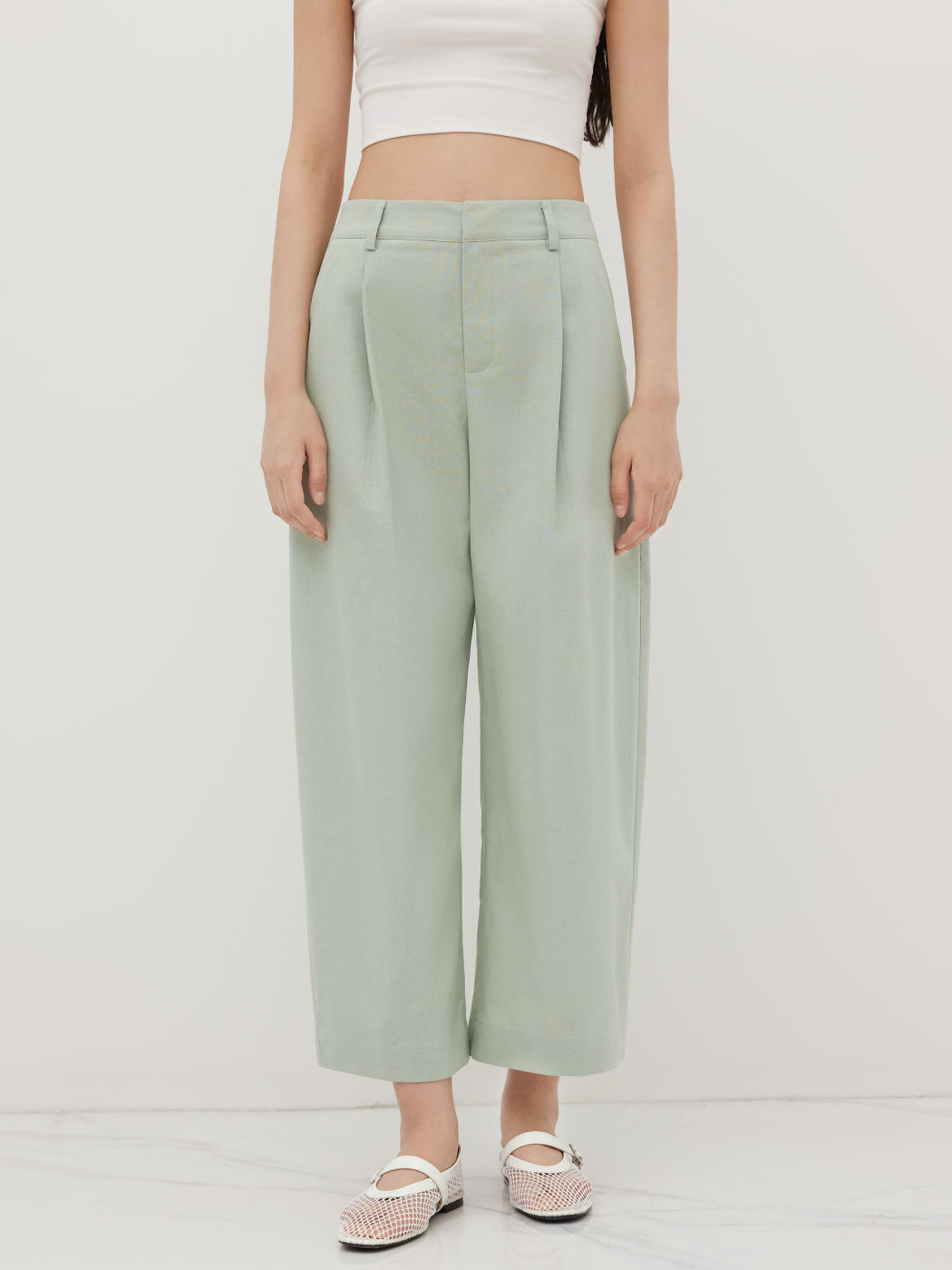 Linen-blend Mid Rise Barrel-leg Cropped Trousers