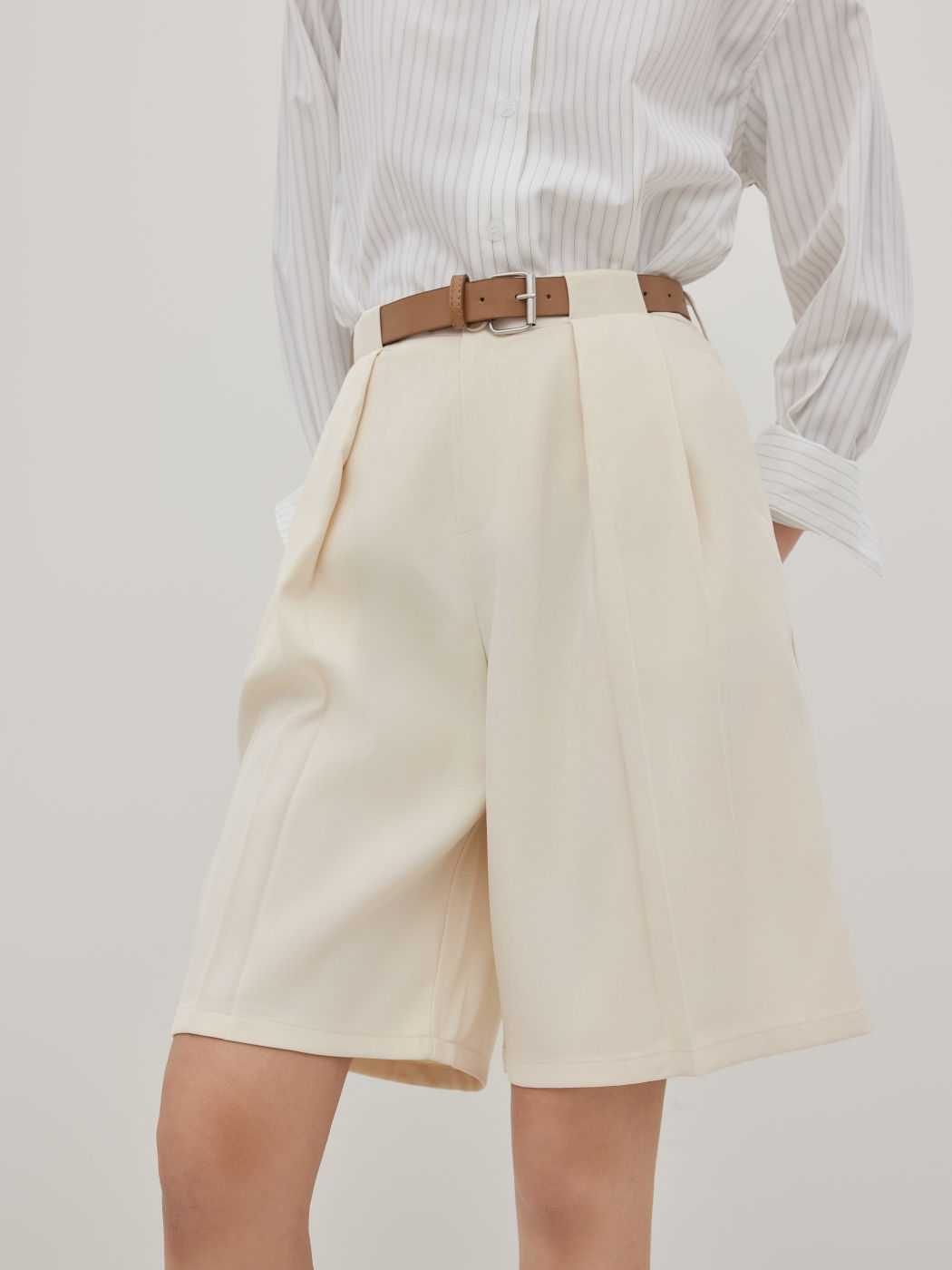 Mid Rise Pleated Bermuda Shorts With Belt