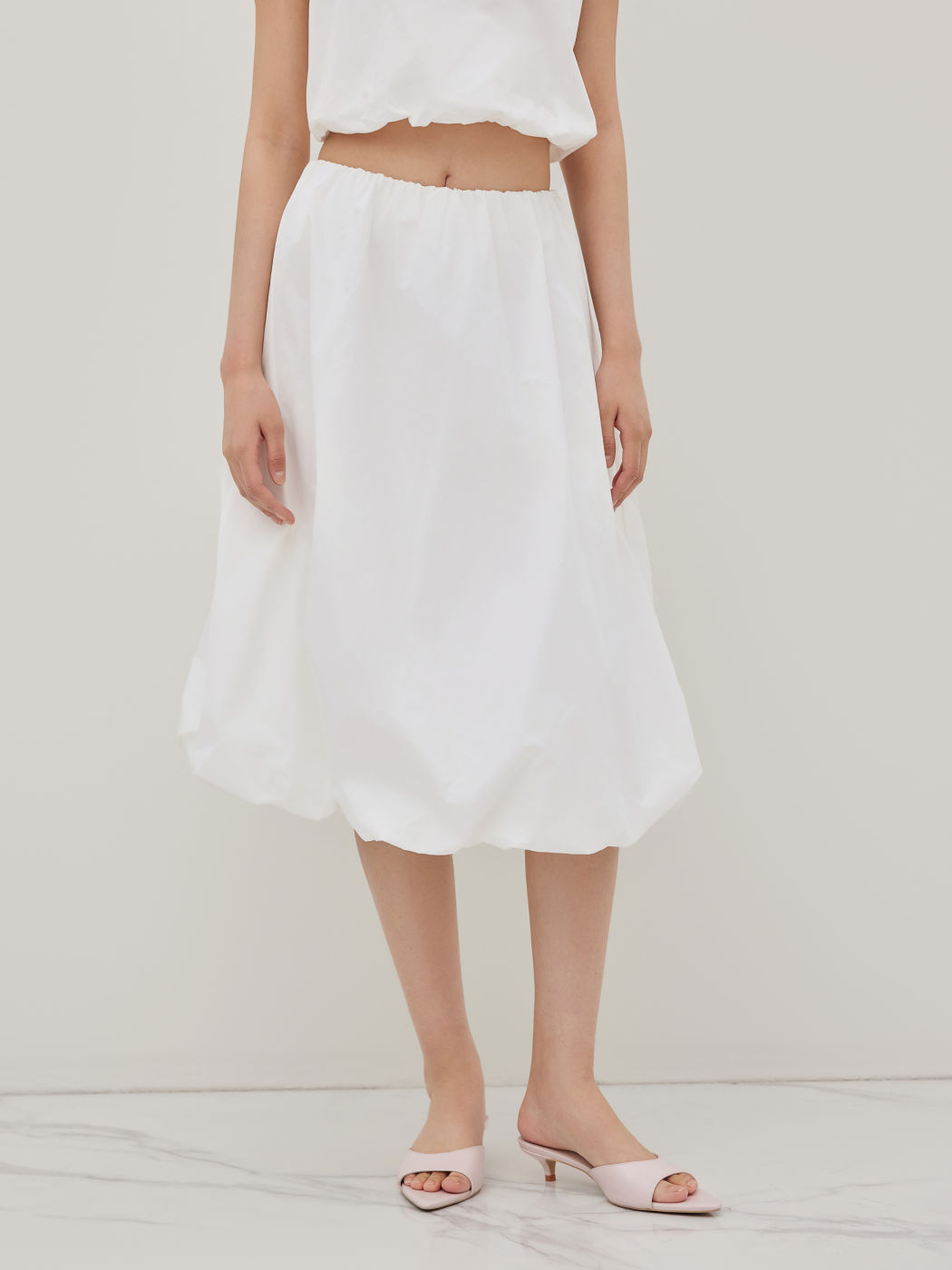 Cotton Mid Rise Elastic Waist Bubble Hem Midi Skirt