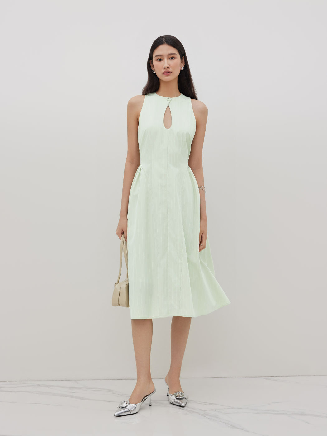 Cotton-blend Round Neckline Stripe Cut Out Ruffle Hem Midi Dress