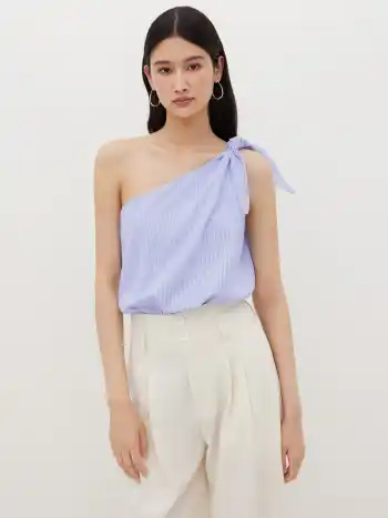 Cotton-blend Asymmetrical Neck Stripe Knotted Shirt Bodysuit