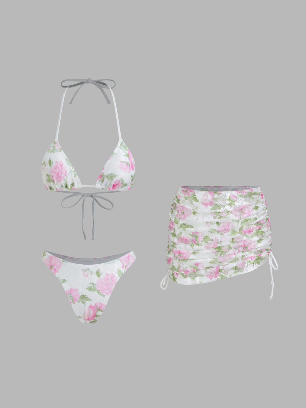 Halter Neckline Floral Knotted Triangle Cheeky Bikini Set With Cover Up Drawstring Skirt
