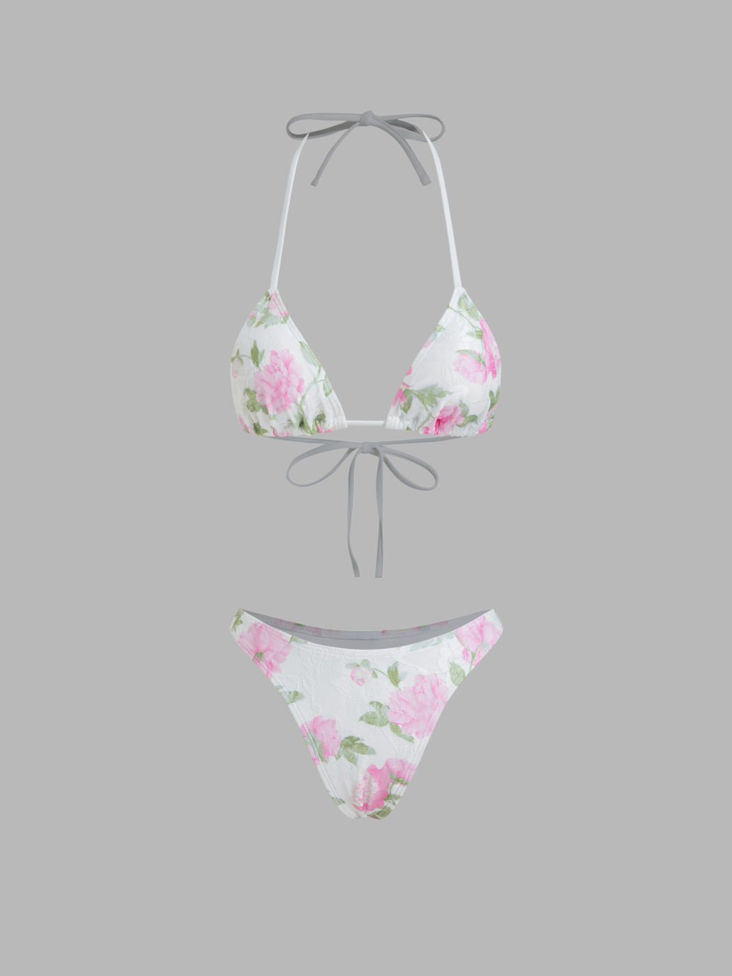 Halter Neckline Floral Knotted Triangle Cheeky Bikini Set With Cover Up Drawstring Skirt