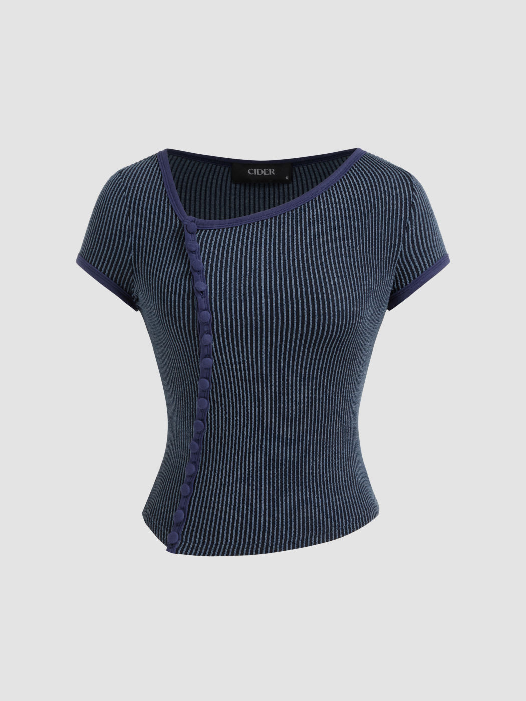 Asymmetrischer Hals Streifen-Knopf-T-Shirt