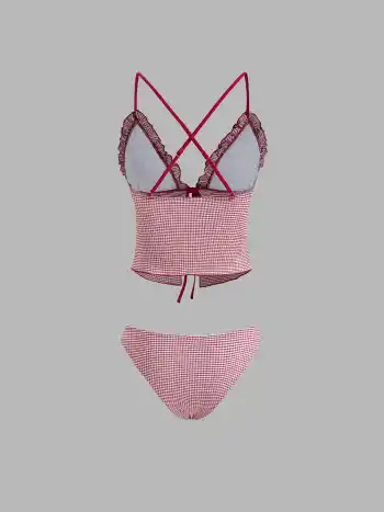 V-neck Gingham Bowknot Lettuce Trim Tankini Bikini Set