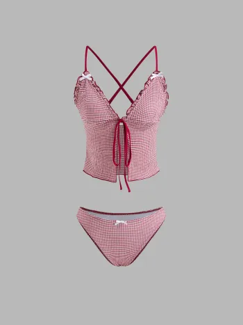 V-neck Gingham Bowknot Lettuce Trim Tankini Bikini Set
