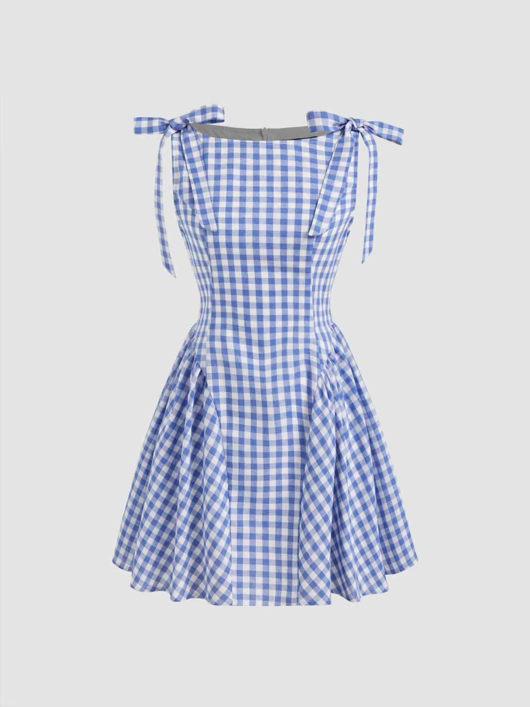 Cotton-blend Boat Neck Gingham Bowknot Mini Dress