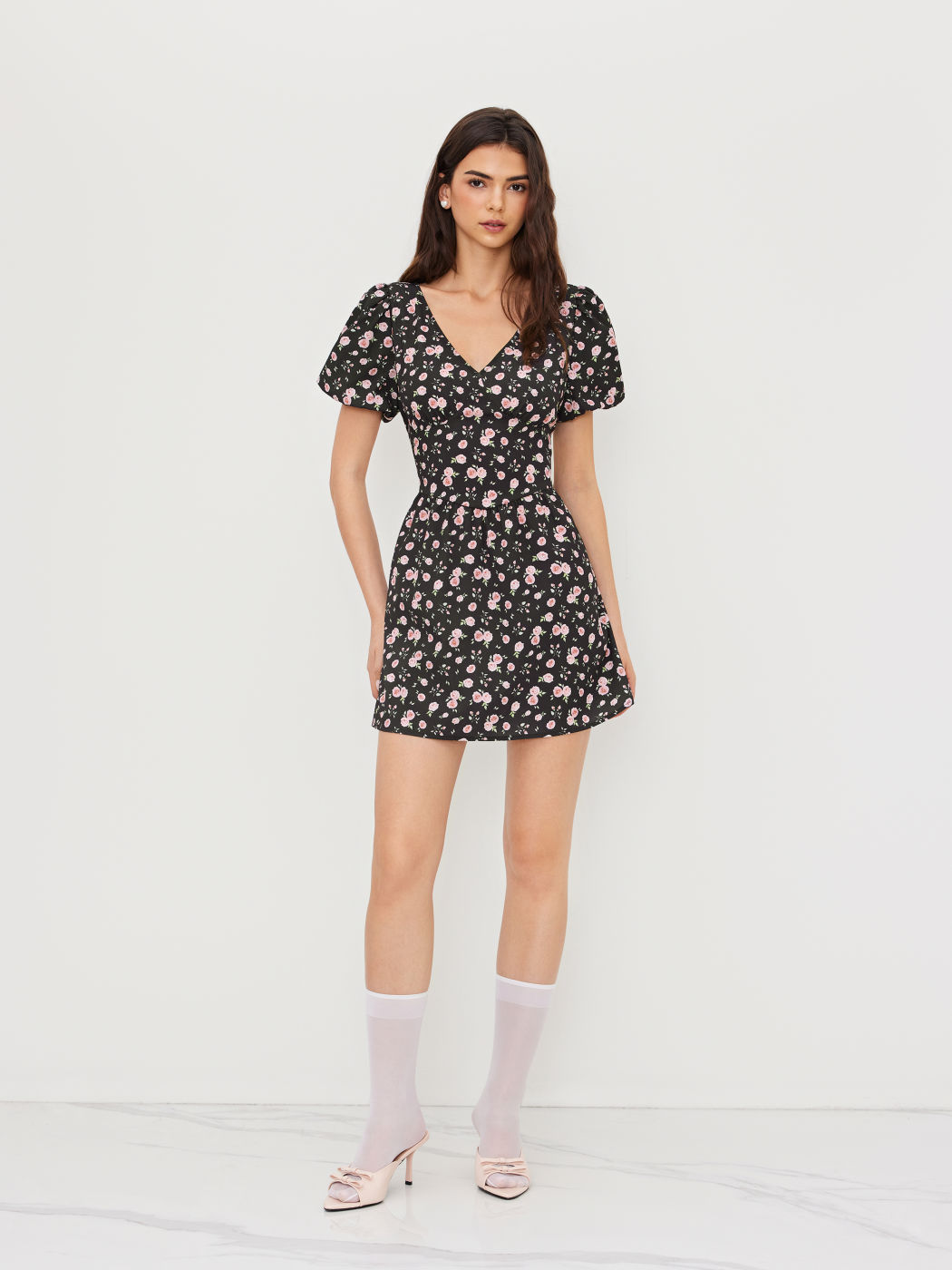 V-neck Ditsy Floral Tie Back Bow Mini Dress
