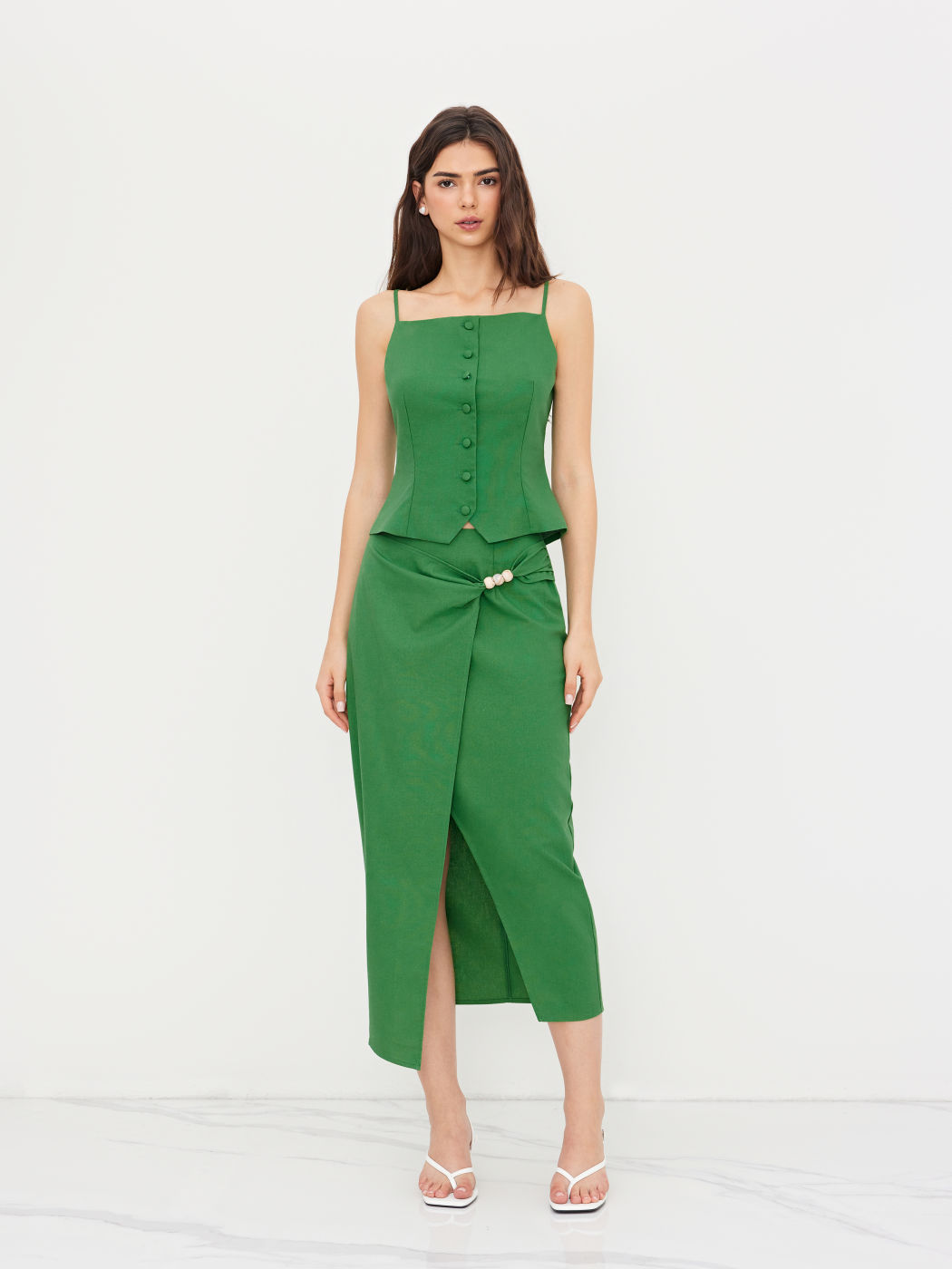 Linen-blend Button Through Split Cami Top