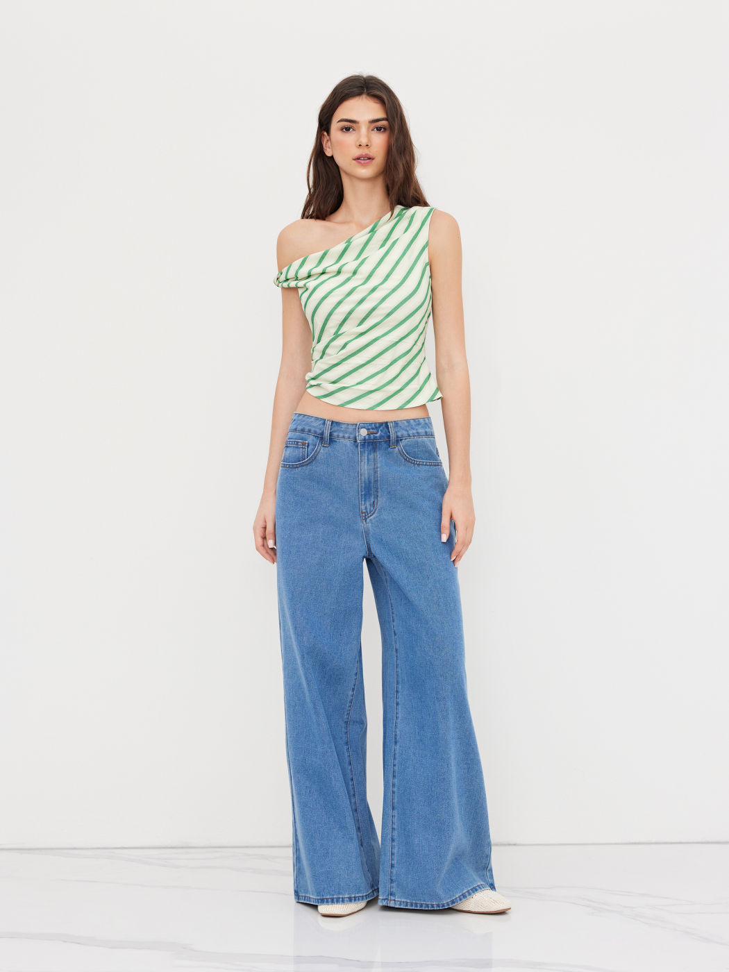 Cotton-blend Asymmetrical Neck Stripe Ruched Tank Top