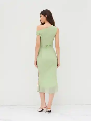 Florales, geruchtes Midi-Kleid mit Maschenstoff, asymmetrischer Halslinie und Salatrand