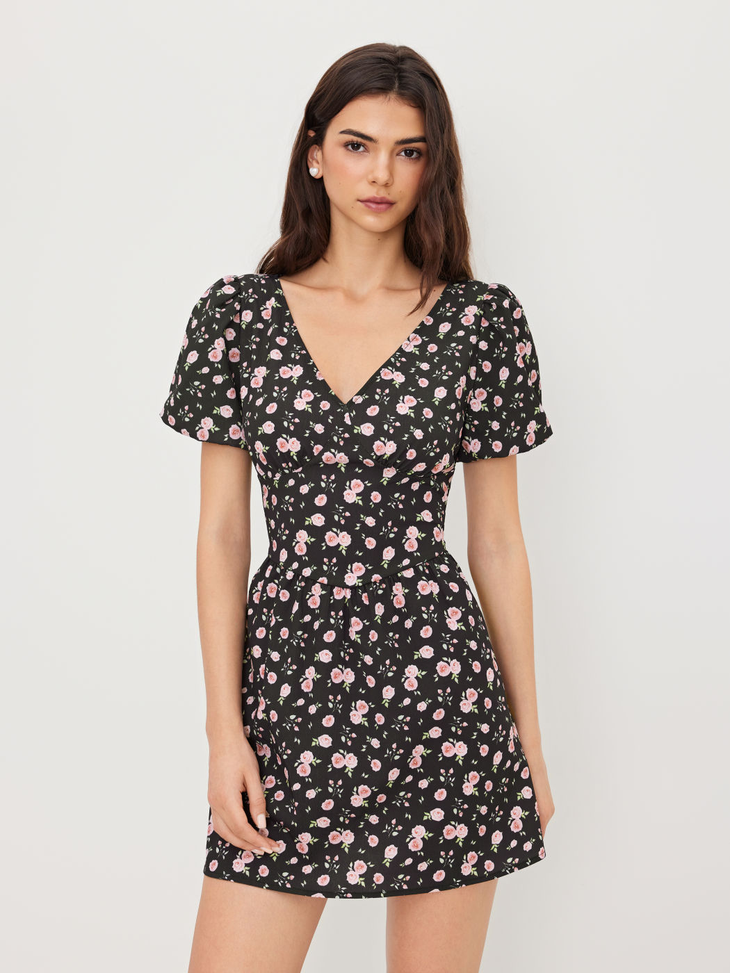 V-neck Ditsy Floral Tie Back Bow Mini Dress