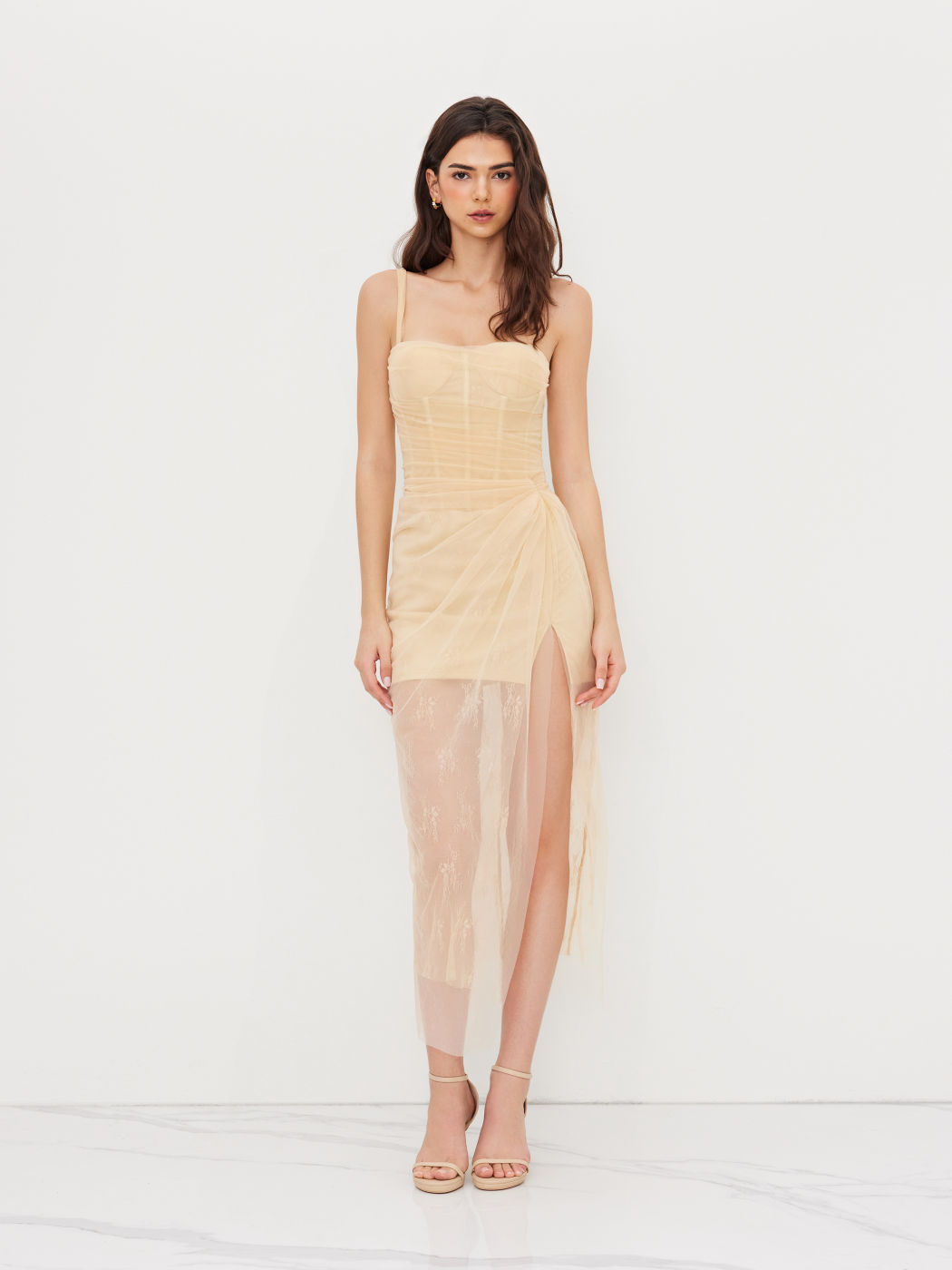 Lace Asymmetrical Neck Corset Ruched Split Maxi Dress