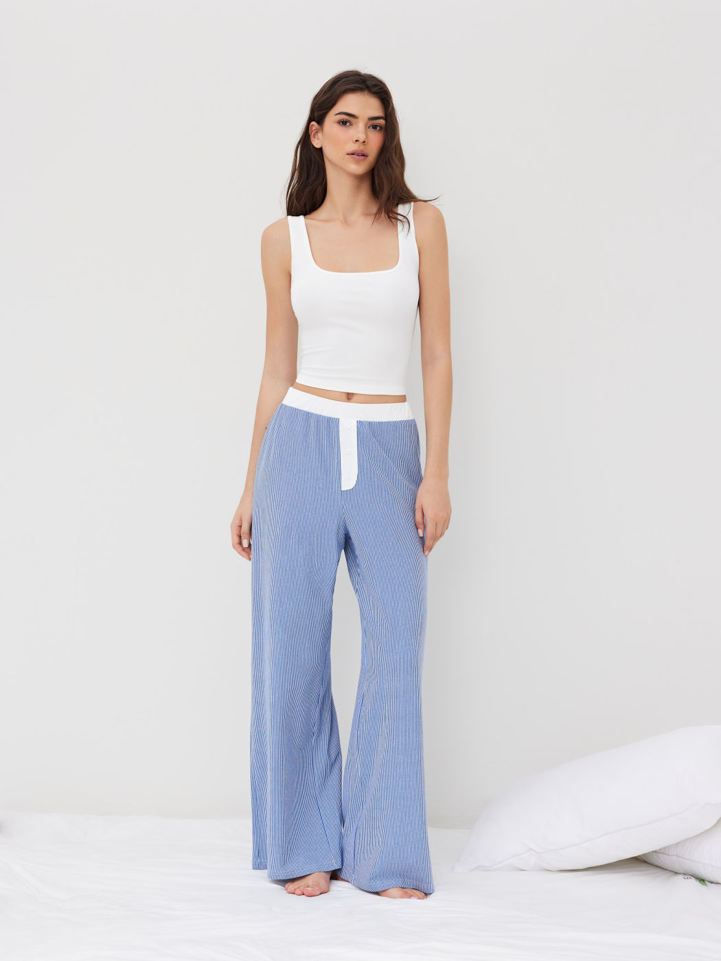 Square Neck Crop Tank Top & Mid Rise Stripe Contrasting Binding Wide Leg Trousers Loungewear Set