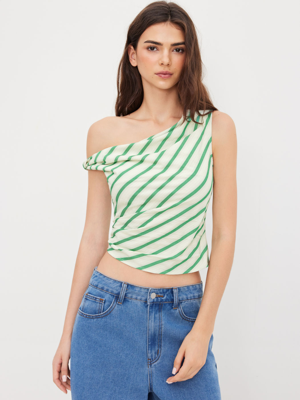 Cotton-blend Asymmetrical Neck Stripe Ruched Tank Top