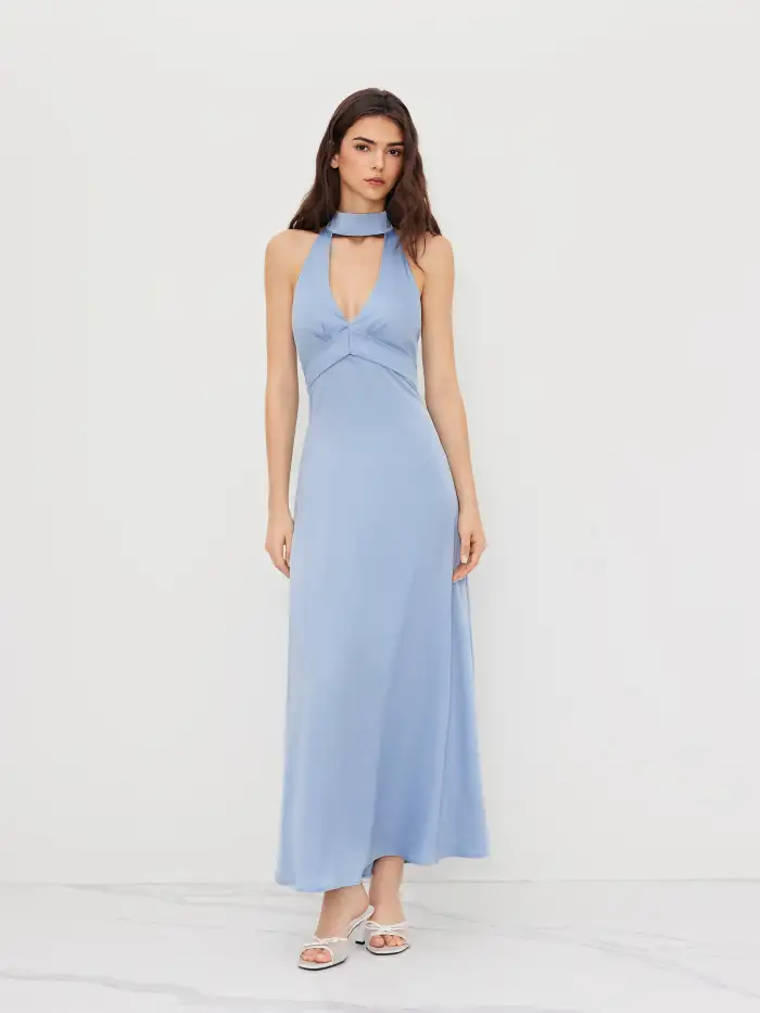 halter neck dress for wedding guest Women's Halter Neckline Blue Prom Dress,Wedding Guest Dress Y3024 –  Simplepromdress main image 1
