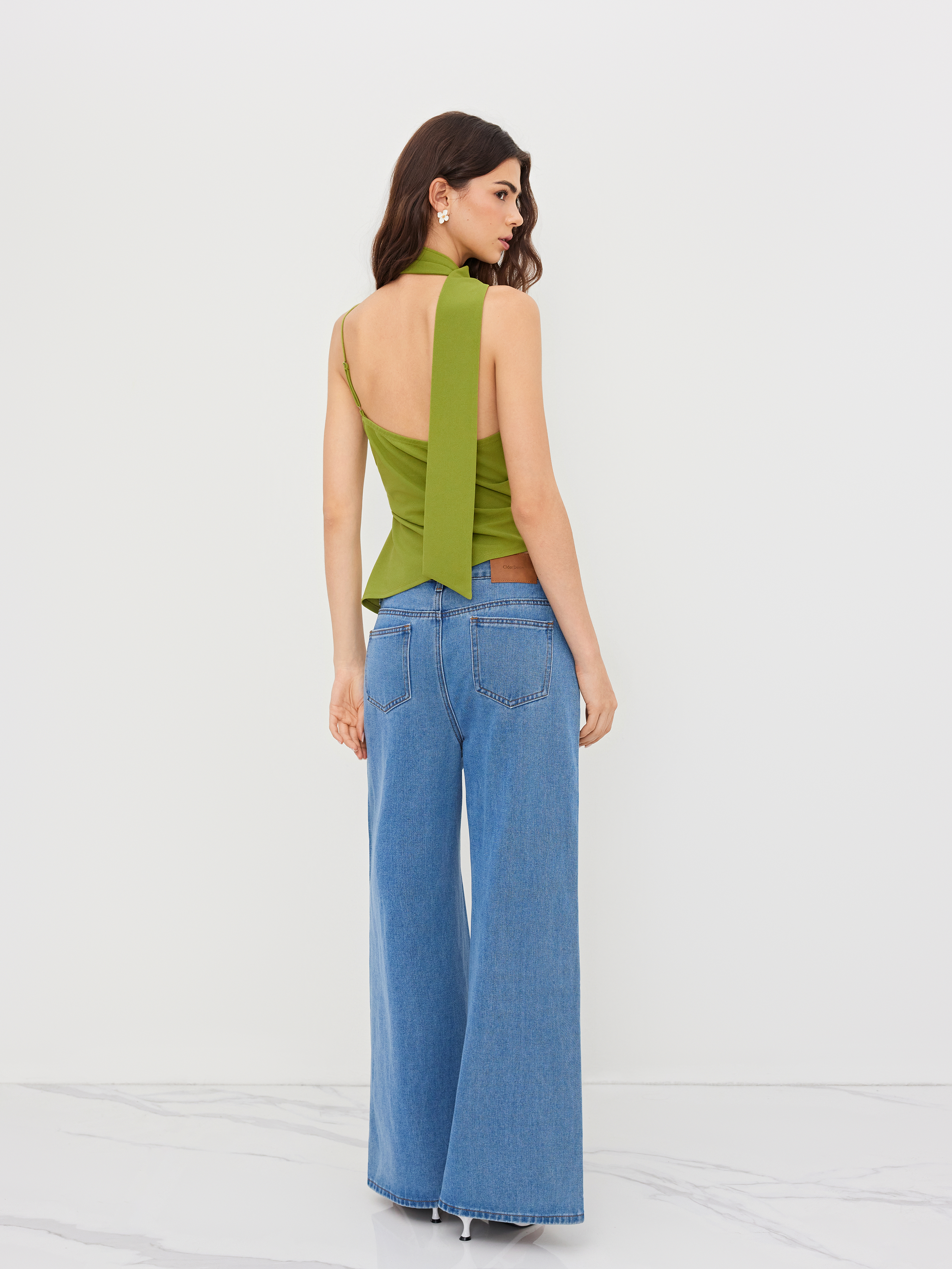 Halter Neckline Ruched Cami Top With Scarf