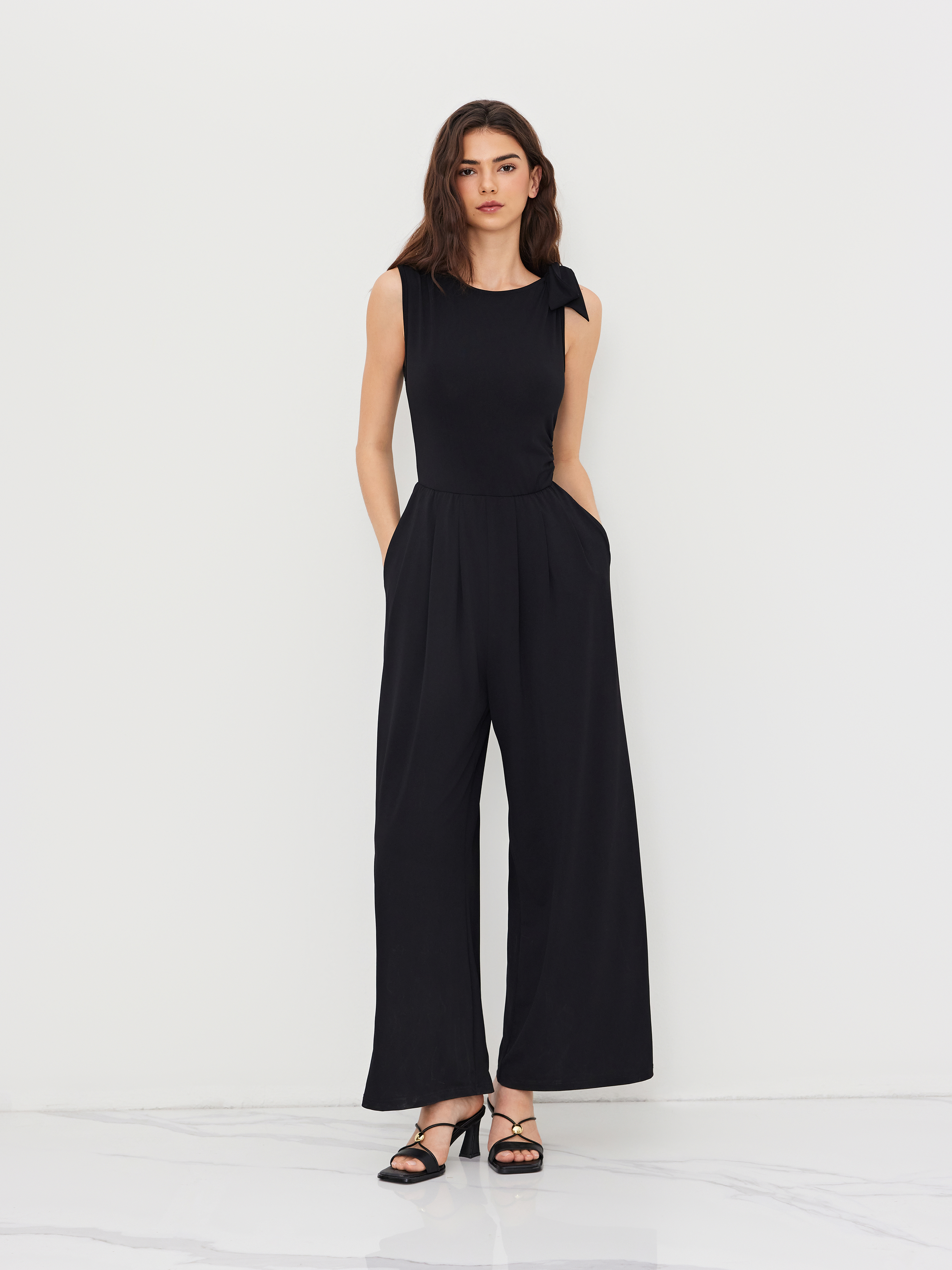 Woven Cotton-blend Square Neck Solid Shirred Jumpsuit For Work