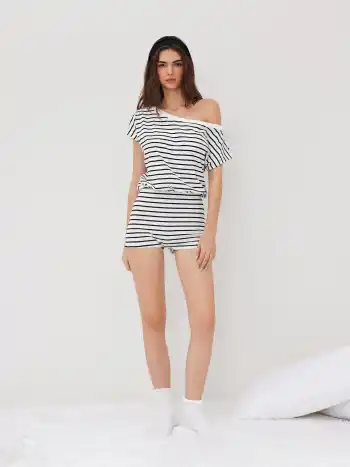 Cotton-blend Asymmetrical Neck Stripe Micro Lounge Romper