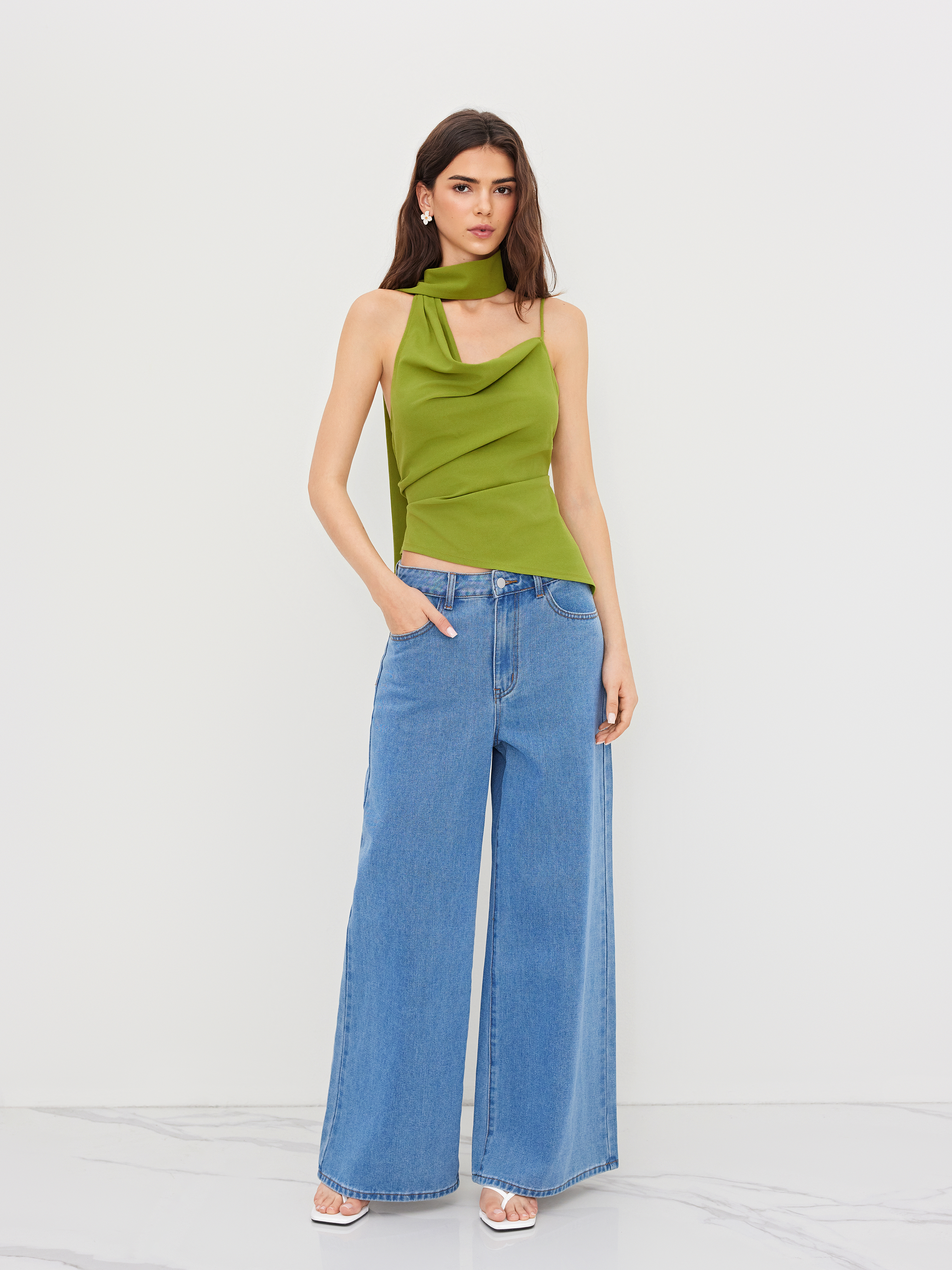 Halter Neckline Ruched Cami Top With Scarf