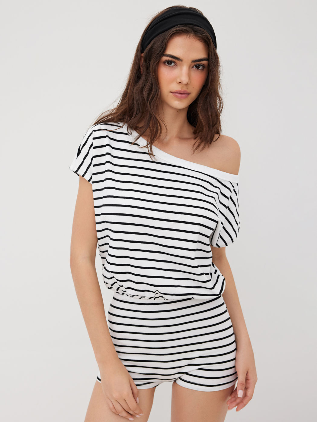 Cotton-blend Asymmetrical Neck Stripe Micro Lounge Romper