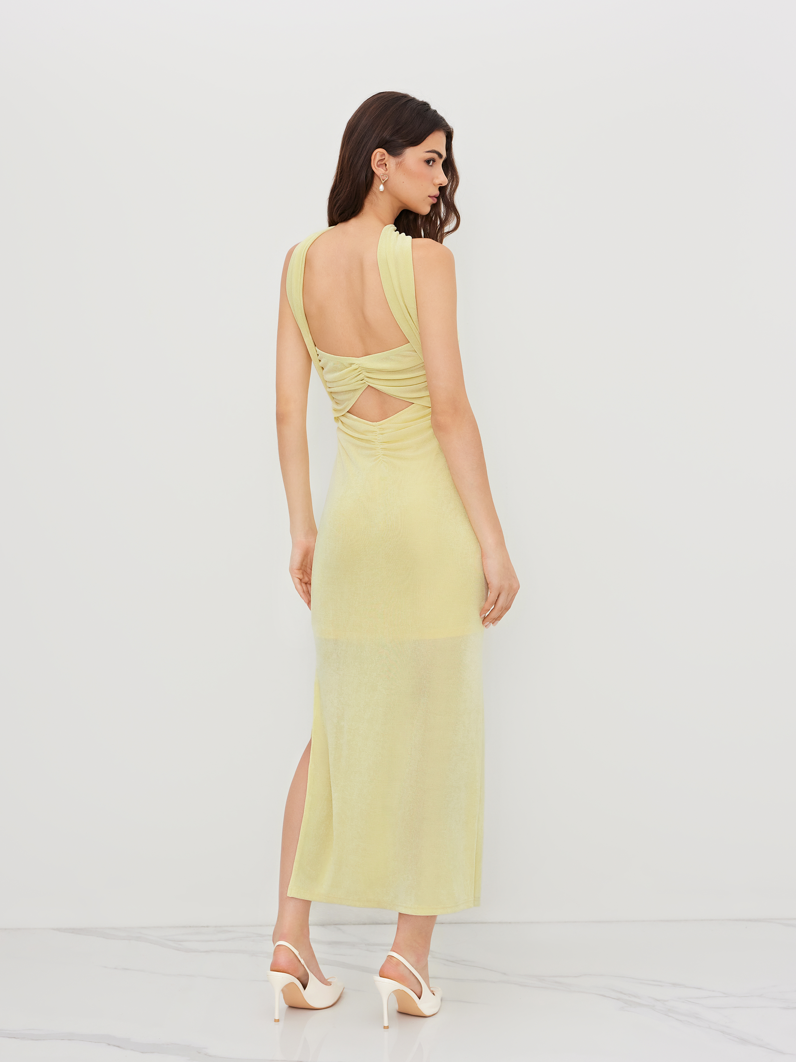 Halter Neckline Ruched Cut Out Back Maxi Dress