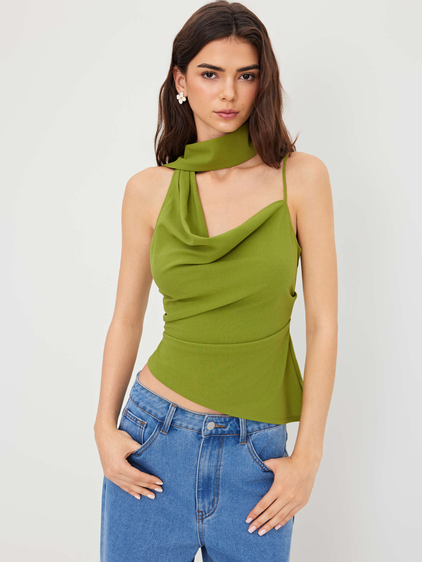 Halter Neckline Ruched Cami Top With Scarf