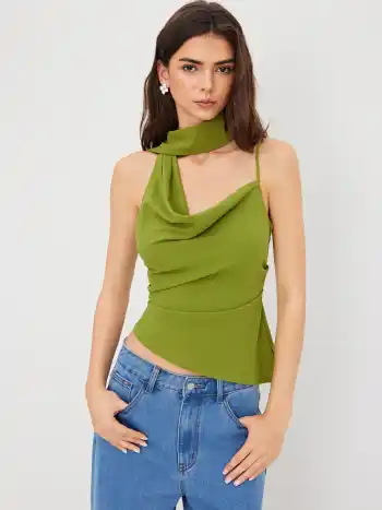 Halter Neckline Ruched Cami Top With Scarf