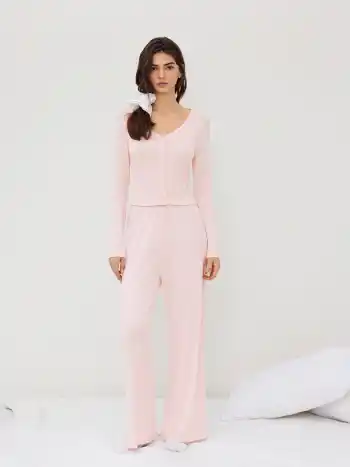 Long Sleeve Button Top & Middle Waist Trousers Loungewear Set