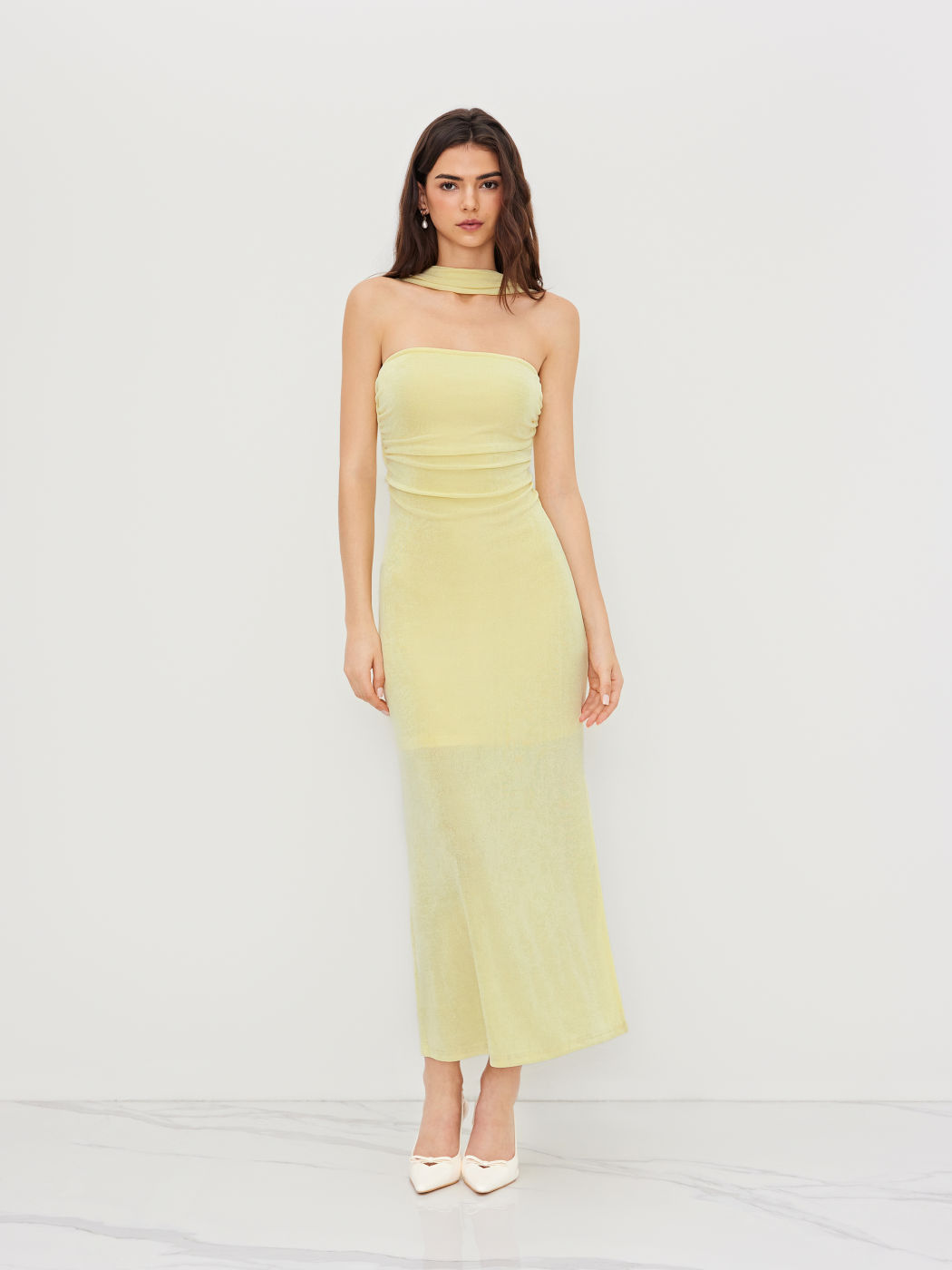 Halter Neckline Ruched Cut Out Back Maxi Dress