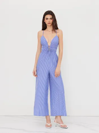 V-Ausschnitt Streifen Knoten Shirring Weite Beine Overalls