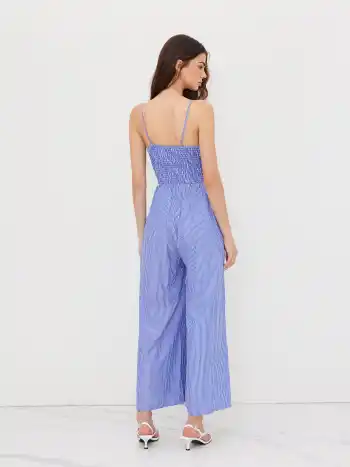 V-Ausschnitt Streifen Knoten Shirring Weite Beine Overalls