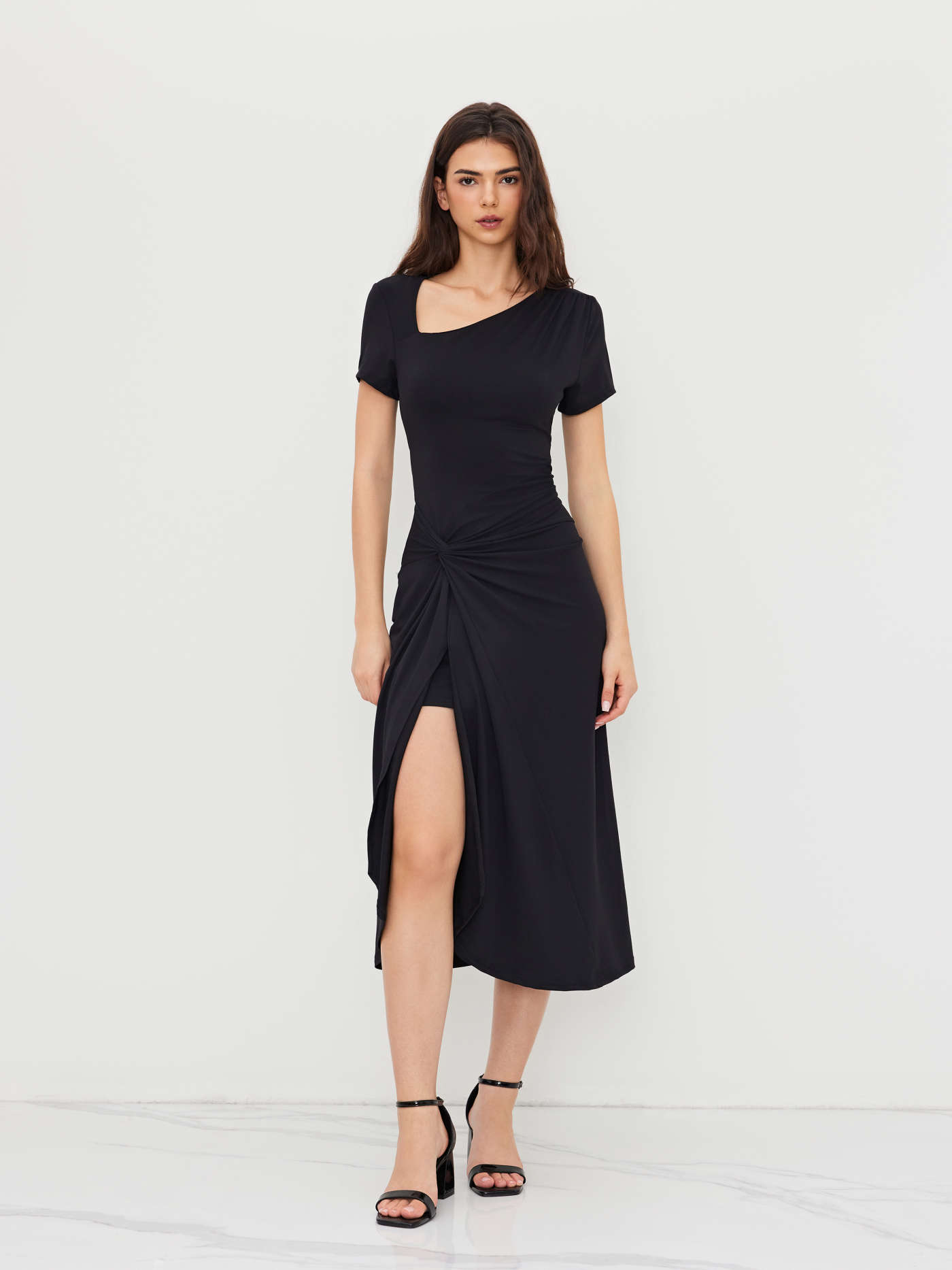 Knit Fabric Asymmetrical Neck Twist Maxi Dress For Daily Casual