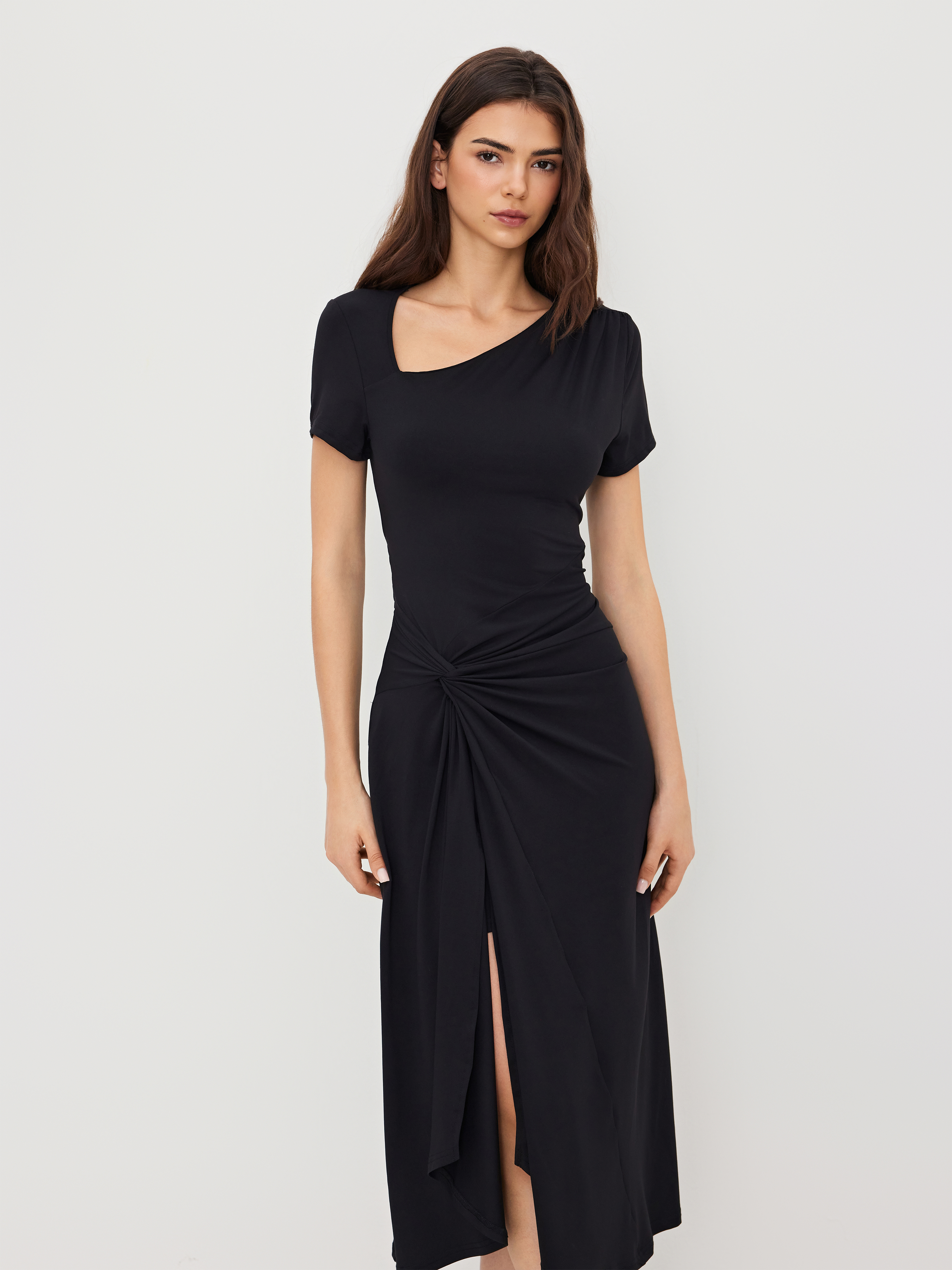 Knit Fabric Asymmetrical Neck Twist Maxi Dress For Daily Casual